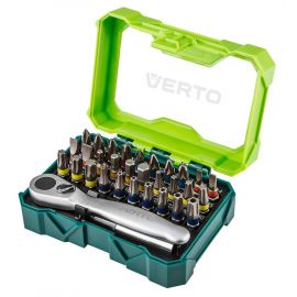 Verto Біти, набір 32шт, 1/4", бітотримач, ключ з тріскачкою, SL,PH,PZ,H,TT,TX, 25мм, CrV, кейс