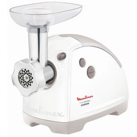 Moulinex М'ясорубка, 2000Вт, 2.6кг/хв, 2 решітки, насадка для ковбас, кеббе, томатів, 5 терок, пластик, біло-сірий