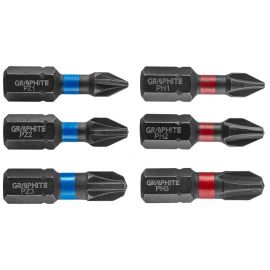 Graphite Біти ударні, набір 6шт, 1/4", PH1/2/3x25мм, PZ1/2/3x25мм, сталь S2