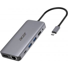 Acer Хаб USB-С > 2xUSB-A3.2/2xUSB-A2.0/SD/TF/2xHDMI/1xDP/1xRJ45/mini-jack, 0.15м, сірий