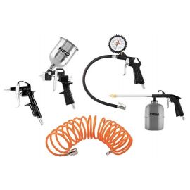 Neo Tools Набір фарбувальний, 5шт., пістолет-розпилювач, пістолет для продування, пістолет з манометром, спіральний шланг
