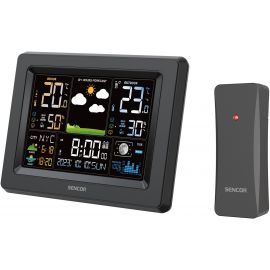 Sencor Метеостанція, внутр/зовн вимірювання, від мережі/AAх3+AAx2, темп-ра, вологість, час, прогноз погоди, чорний