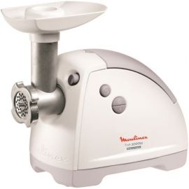 Moulinex М'ясорубка, 2000Вт, 2.6кг/хв, 3 решітки, насадка для ковбас, кеббе, 5 терок, пластик, біло-сірий