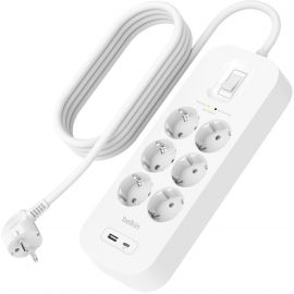 Belkin Подовжувач-фільтр мережевий 6хТип F, 3x1.5мм кв, 16А, USB-A/USB-C 18Вт, з захистом від перенапруги, 2м, білий