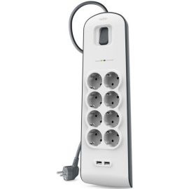 Belkin Подовжувач-фільтр мережевий 8хТип F, 3x1.5мм кв, 16А, 2xUSB-A 2.4A, з захистом від перенапруги, 2м, білий