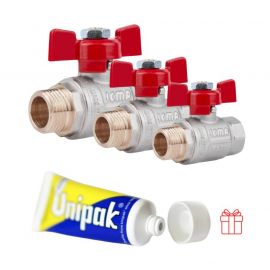 Акційний набір Icma: Крани кульові: 3 шт 1/2" + 2 шт 3/4" + 1 шт 1" + 1 шт Паста Unigum у подарунок