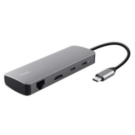 Адаптер Trust Dalyx  8in1 USB-C> 1xUSB-А 3.2/USB-A 2.0/2xUSB-С/HDMI/Ehernet/SD/microSD, Алюміній, 0.15м, Сірий