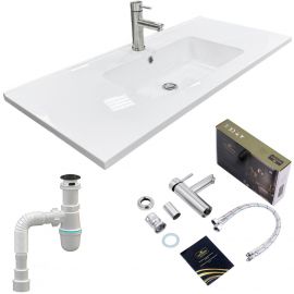 Набір для ванної кімнати, раковина, умивальник Adamant FLATE 100, штучний камінь, прямокут., з сифоном Click-Clack + змішувач