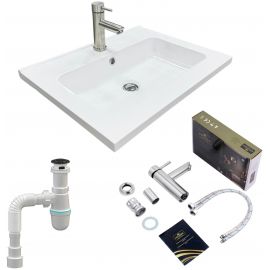 Набір для ванної кімнати, раковина, умивальник Adamant FLATE 60, штучний камінь, прямокут., з сифоном Click-Clack + змішувач