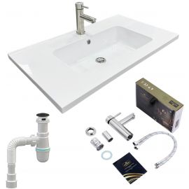Набір для ванної кімнати, раковина, умивальник Adamant FLATE 80, штучний камінь, прямокут., з сифоном Click-Clack + змішувач