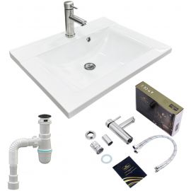 Набір для ванної кімнати, раковина, умивальник Adamant QUANTO 60, штучний камінь, прямокут., з сифоном Click-Clack + змішувач