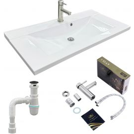 Набір для ванної кімнати, раковина, умивальник Adamant QUANTO 90, штучний камінь, прямокут., з сифоном Click-Clack + змішувач