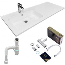 Набір для ванної кімнати, раковина, умивальник Adamant FLATE 120L, штучний камінь, прямокут., з сифоном Click-Clack + змішувач