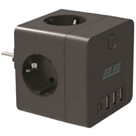 Адаптер мережевий 2E 3xТипF, 16A, 2xUSB-A, 1x USB-C фільтр, чорний