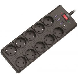 Подовжувач мережевий 2E 3м, 10xТипF, 16A, 3xUSB-A, 1xUSB-C, фільтр, чорний