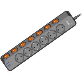 Подовжувач мережевий 2E 3м, 6xТипF, 16A, 2xUSB-A, 1x USB-C фільтр, чорний