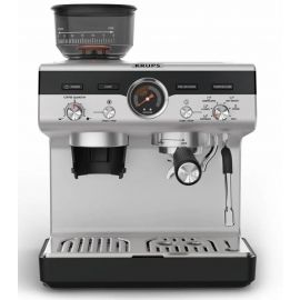 Кавоварка Krups ріжкова Precision+, 3.5л, вдубована кавомолка, ручний капучинатор, 15 бар, чорний-сірий