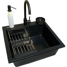 Набір кухонний Adamant Univer, штучний камінь, квадрат, без крила, 560х500х200мм, чаша - 1, врізна, чорний + змішувач + дозатор + ополіскувач склянок + коландер