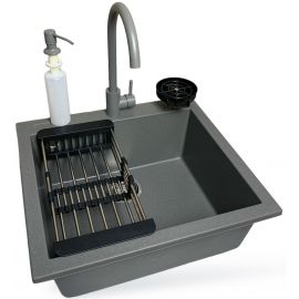 Набір кухонний Adamant Univer, штучний камінь, квадрат, без крила, 560х500х200мм, чаша - 1, врізна, сірий + змішувач + дозатор + ополіскувач склянок + коландер