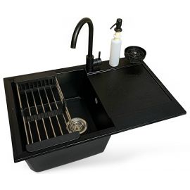 Набір кухонний Adamant Horizon, штучний камінь, прямокут., з крилом, 780х495х230мм, чаша - 1, врізна, чорний + змішувач + дозатор + ополіскувач склянок + коландер