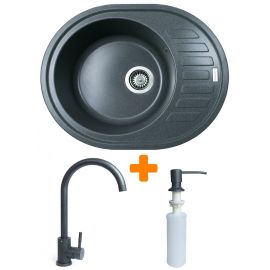 Набір кухонний Adamant Ovum, штучний камінь, овальна, з крилом, 615х495х200мм, чаша - 1, врізна, графіт + змішувач та дозатор
