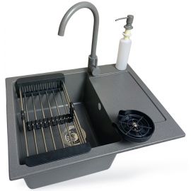 Набір кухонний Adamant Minimal, штучний камінь, прямокут., з крилом, 615х495х200мм, чаша - 1, врізна, сірий + змішувач + дозатор + ополіскувач склянок + коландер
