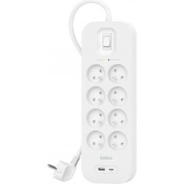 Подовжувач мережевий Belkin 2м, 8хТипE, 16А, USB-A/USB-C 18Вт, фільтр, білий