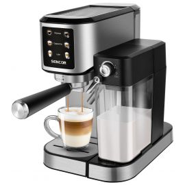 Кавоварка Sencor ріжкова 1л, мелена, автоматичний капучинатор, LCD-дисплей, нерж. сталь, сірий