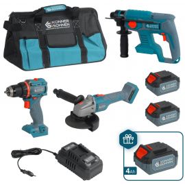 Набір із трьох акумуляторних інструментів Konner&Sohnen KS RHAGD 20V SET 3 PLUS 20В шурупокрут, шліфмашина кутова KS AG20V-125VR, перфоратор KS RH20V-22-4, ЗП 4.5А акб 3х4А·год сумка 10.8кг