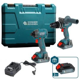 Набір із двох акумуляторних інструментів Konner&Sohnen KS IDISD 20V SET 2 PLUS 20В шурупокрут-дриль ударний, гвинтоверт ударний KS ISD20V-260-4, ЗП 2А акб 2х2А·год кейс 6кг