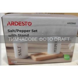 Набір для солі та перцю на підставці Ardesto Midori, 7см, 3 предмети, кераміка, бамбук,, білий