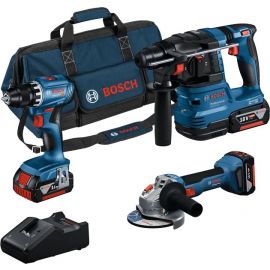 Набір із трьох акумуляторних інструментів Bosch Professional дриль-шурупокрут GSR 18V-45, перфоратор GBH 18V-22, Шліфмашина кутова GWS 18V-8 акб 3x4А·год, ЗП, сумка M-BAG