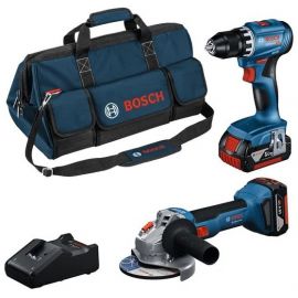 Набір із двох акумуляторних інструментів Bosch Professional 18В дриль-шурупокрут GSR 18V-45, Шліфмашина кутова GWS 18V-8, акб 2x4А·год, ЗП, сумка M-BAG