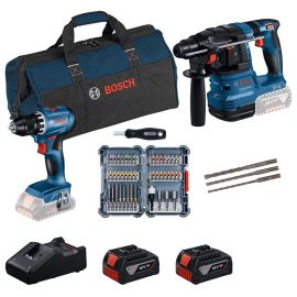 Набір акумуляторних інструментів Bosch Professional 18В дриль-шурупокрут GSR 18V-45, перфоратор GBH 18V-22, набір біт і бурів, акб 2x4А·год, ЗП, сумка